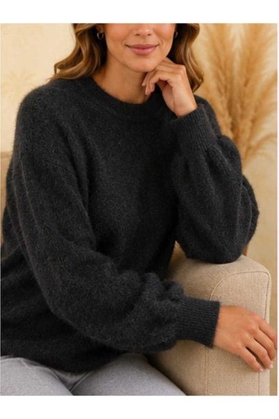 ZEYN STORE Women's Crew Neck Washed Balloon Sleeve Knit Sweater - Comfortable Fit Daily Stylish Basic Sweater