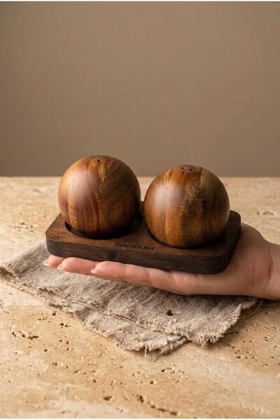 Atbyhome Acacia Bamboo Stand Set of 2 Globe Salt and Pepper Shakers 16X8.5 cm...