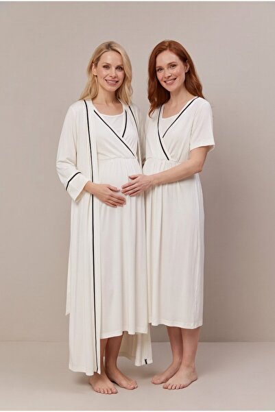 LOHOUSE Women's Ecru Double-Breasted Lapel Nightgown Set with Breastfeeding D...