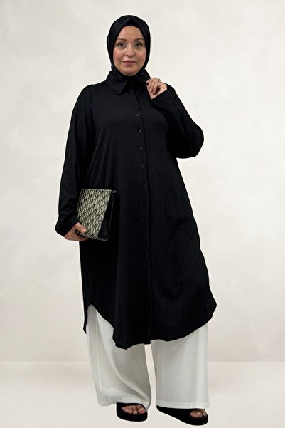 Eslina 68076 Plus Size Buttoned Wrap Tunic - Black