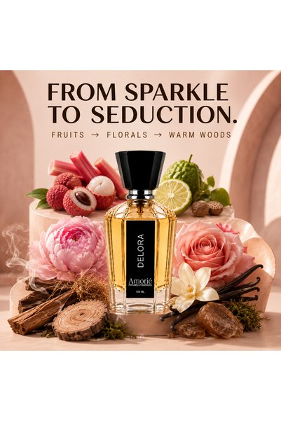 Amorie PERFUMES & FRAGNANCE Amorie Perfumes & Incense DELORA Eau de Parfum Unisex 100ML, Floral Fruity Woody Fragrance with Litchi, Rhubarb, Rose, Vanilla, Musk, Cedarwood & Vetiver for Men & Women