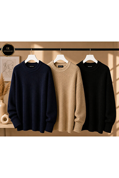 DepoExport Women's 3-Piece Crew Neck Oversize Knitwear Sweater Soft Knitted S...