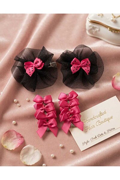 Retro Women Girl's Black-Pink Polka Dot Tulle Ribbon Birthday Daily Gift Buck...