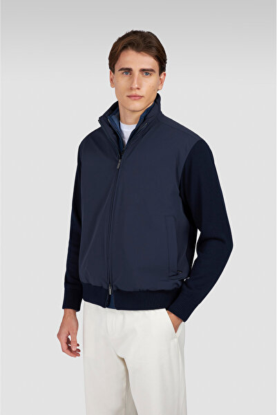 PAUL&SHARK Men's Stand Collar Zipper Closure Jacket with Pocket Detail in Nav...