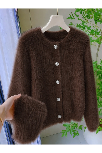 Elysira Women's Plush Fuzzy Buttoned Crew Neck Cardigan