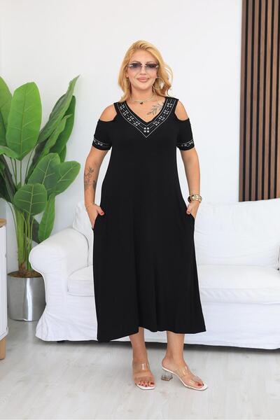 Siyezen Plus Size Off-Shoulder Dress with Stone Detail