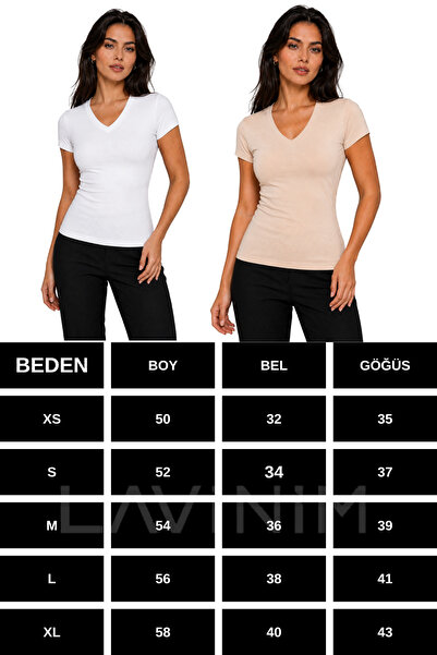 LAVİNİM Kadın Fitted Tişört V Yaka Esnek Basic Vücuda Oturan Tişört