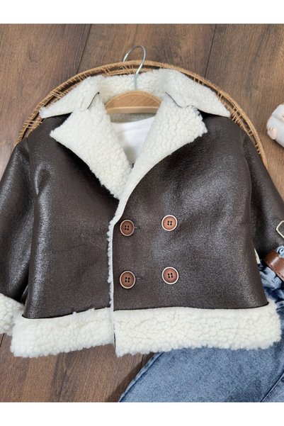 my petit panda Leather Jacket with Fur Inside, Lycra, Elastic Waist Belt, Lycra Jeans, Long Sleeve, Badi 4-Piece Baby Boy Set