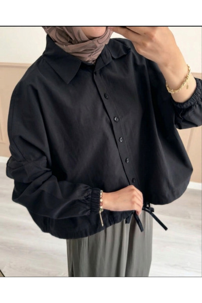 Bahar Altundemir Kadın Beli Büzgülü Oversize Düğmeli Crop Gömlek