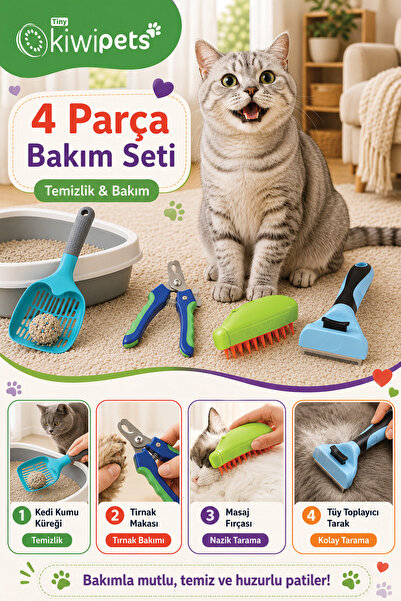 Tiny Kiwipets 4 Parça Kedi Bakım Seti | Kum Küreği, Tırnak Makası, Masaj Fırç...