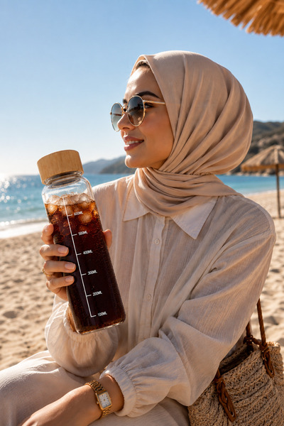 Ercazzo 700 ML Premium Cam İçecek Şişesi Bambu Kapaklı Ölçekli Su Limonata So...
