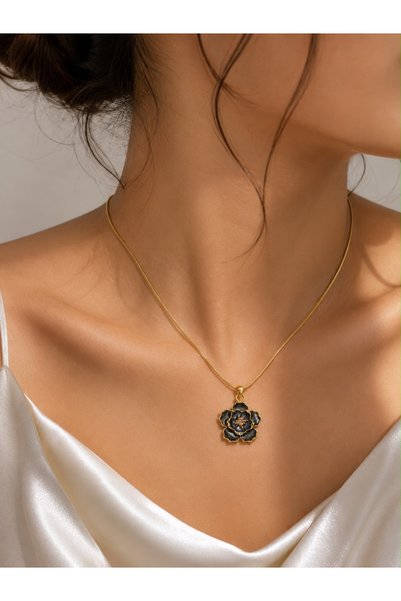 Ayzida Gold Dark Navy Blue Flower Necklace