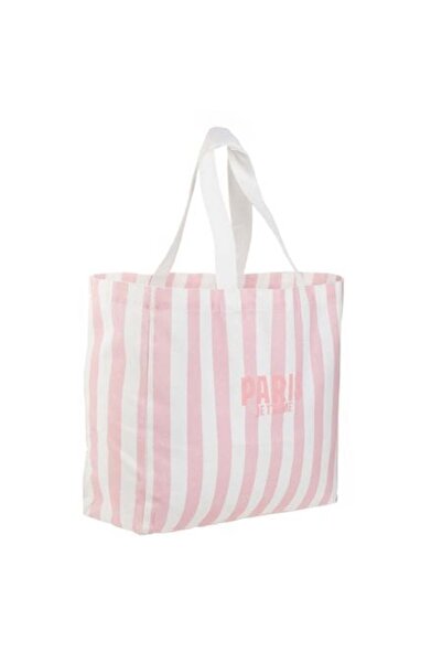 OEM Sacosa Textila Roz Alba cu Model Dungi Paris Je T'Aime 46x13x39cm