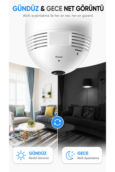 ULTRATEKNO CMR14 Wi-fi 360 Panoramik Ampul Kamera Gece Görüş Ses Akıllı Hareket Algılayıcı Güvenlik Kamerası