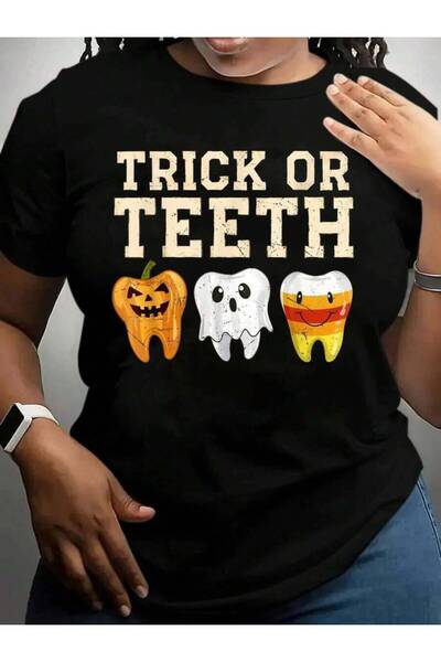 26LIK تي شيرت بطباعة جرافيكية سوداء لعيد الهالوين من Trick Or Teeth Dental Cr...