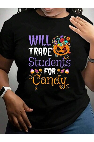 21JNRY Will Trade Students For Candy Teacher Costume Halloween Black Graphic ...