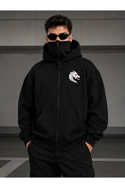 ZAVIXO Men's Black Ninja Hooded Zipper Sweatshirt with Mask Detail and Sleeve...