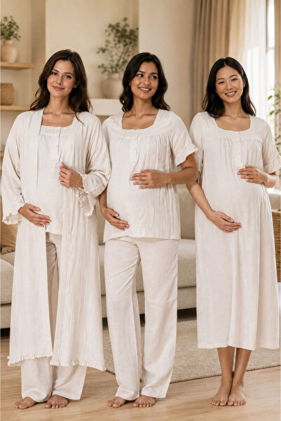 ByLohusa Comfortable Cut Muslin Fabric Maternity Set with Breastfeeding Featu...