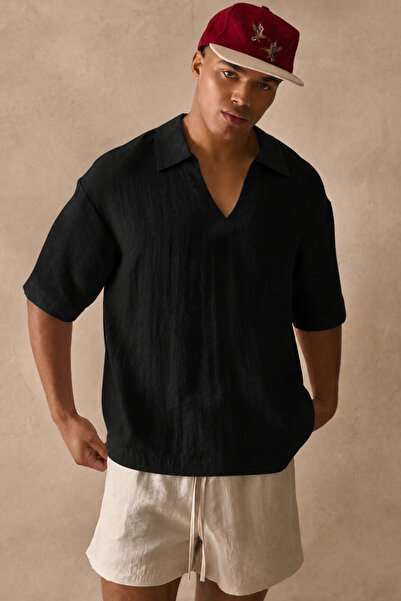 Tarz Cool Men's Linen-Look Polo Collar V-Neck Short Sleeve Summer T-Shirt