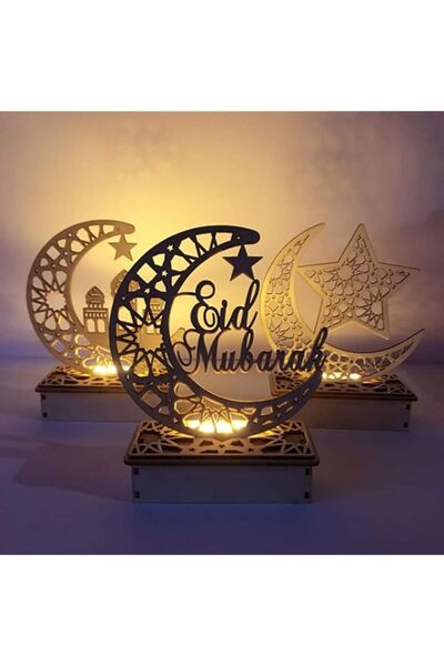 Generic Brand 3PCS Ramadan Mubarak Eid Decorations Wooden Moon Star Lights Ta...