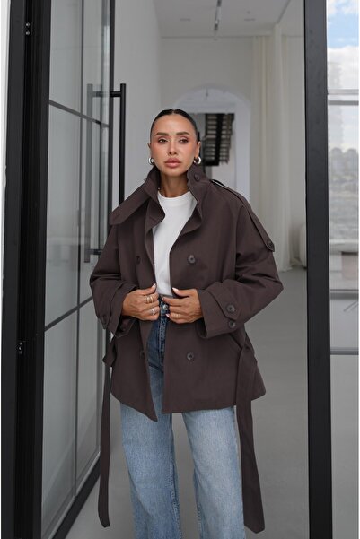 Havoş Bitter Brown Elora Epaulet Detailed Stand Collar Trench Coat