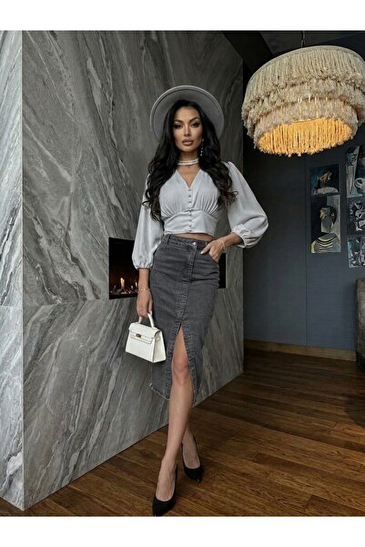 ELCİDO Yüksek Bel Fit Kesim Yırtmaç Detaylı Lycralı Denim Midi Etek