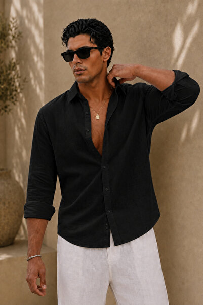 Tarz Cool Breathable Regular Muslin Fabric Long Sleeve Collared Men's Shirt -...