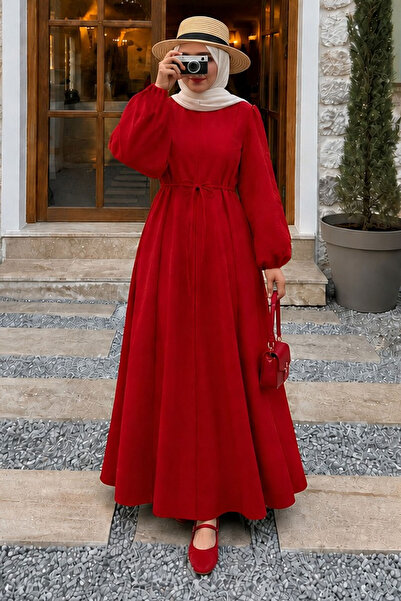 Tesettür Dünyası Alya Dress with Stitching Detail Tsd260273 Red