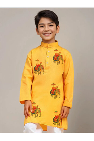 Devoiler Boys Yellow Cotton Kurta with Printed Design