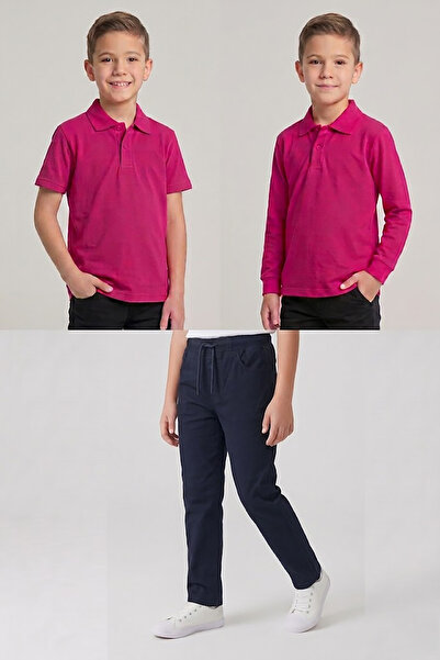 nacar çarşı Boys' School Fuchsia Long and Short Sleeve Polo Collar T-Shirt Na...