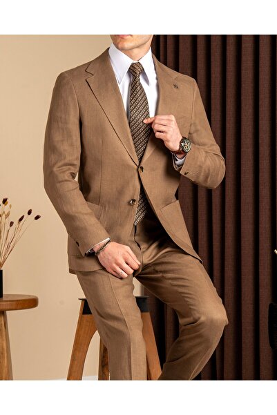 TerziAdemAltun Slim Fit Men's Mono Lapel Bag Pocket Linen Fabric Jacket Pants...