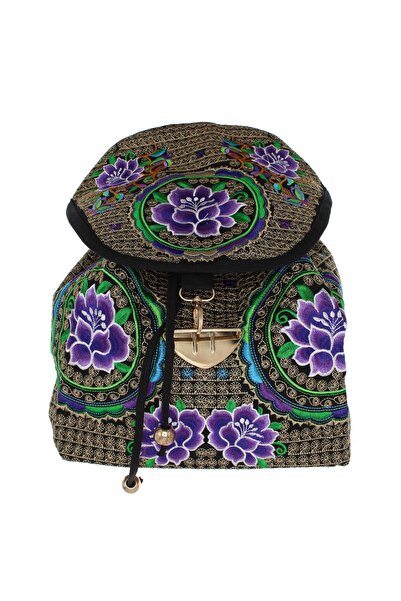 ButicCochet Rucsac de damă din material textil, 35x26x13 cm, negru cu flori b...
