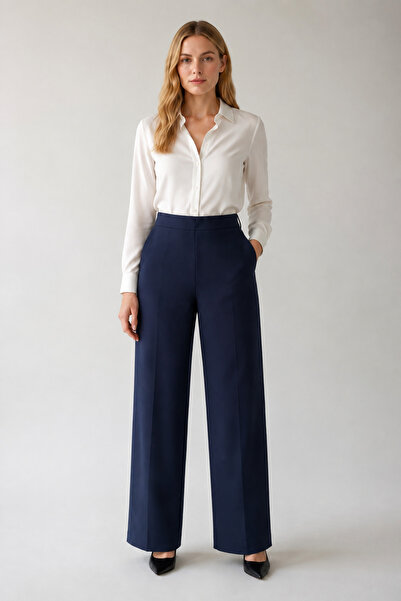 Famelin Pantaloni din material textil bleumarin cu picior larg 1570