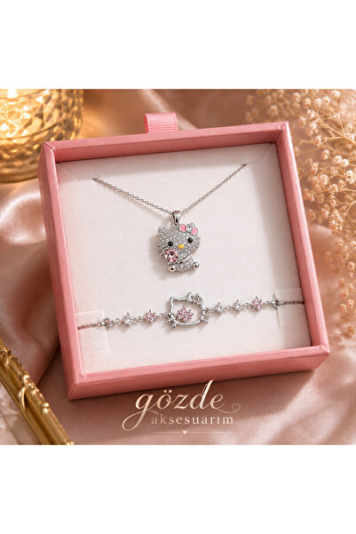 shop HELLO KITTY KOLYE PEMBE TAŞLI BİLEKLİK ÇELİK SET