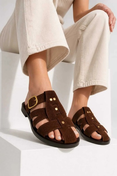 Tk Black Women's Suede Gold Buckle Detailed Cage Closed Toe Bohemian Slippers