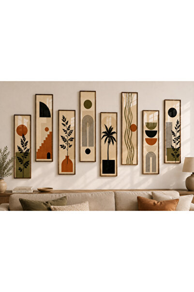 Bourdua Design 8 Parçalı Modern Bohem Duvar Tablo Seti | Koyu Antik Ceviz Doğ...