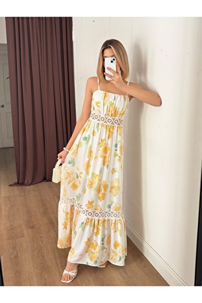 Clothes Fast Rochie de vară maxi cu bretele subțiri și detalii din dantelă, c...