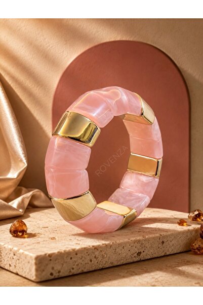 rovenza Kadın Pembe Gold Renk Metal Detaylı Geometrik Esnek Bileklik