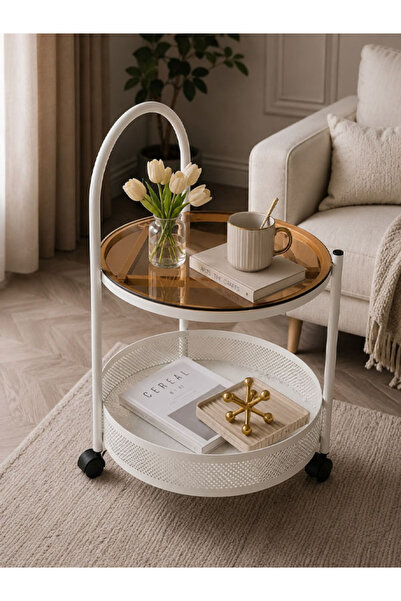 Generic 2-Tier White Metal Frame Round Rolling Serving Cart with Wheels, Brow...