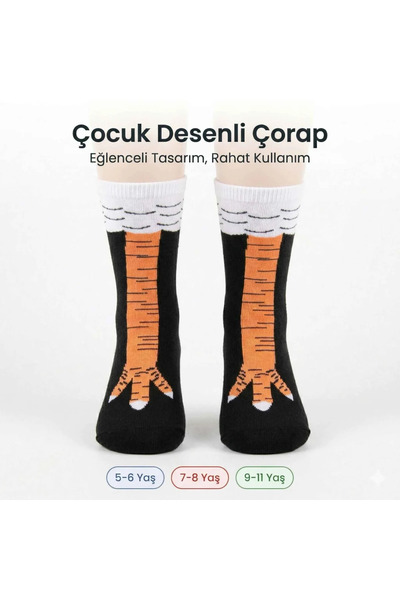 Genel Markalar Çocuk Desenli Tavuk Ayağı Çorap Siyah Turuncu Eğlenceli Hayvan Figürlü Yumuşak Dokulu Günlük Çorap 5