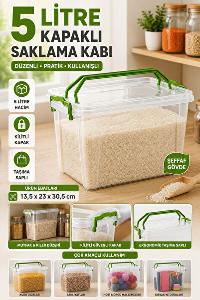 Hane Dostu 5 Litre Kapaklı Saklama Kabı Şeffaf Kilitli Taşıma Saplı Mutfak ve...