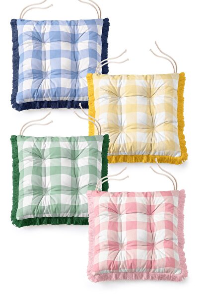 IdeCraft Multicolored Gingham Gingham Fringed Puffy Dining Chair Seat Cushion...