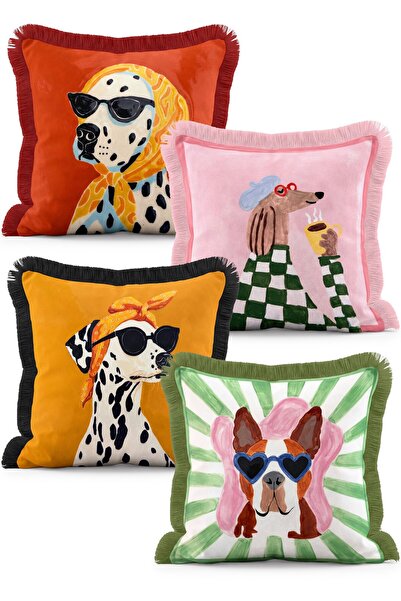 IdeCraft Gözlüklü Sevimli Köpek Figürleri 4'lü Set Saçaklı Kırlent Kılıfı