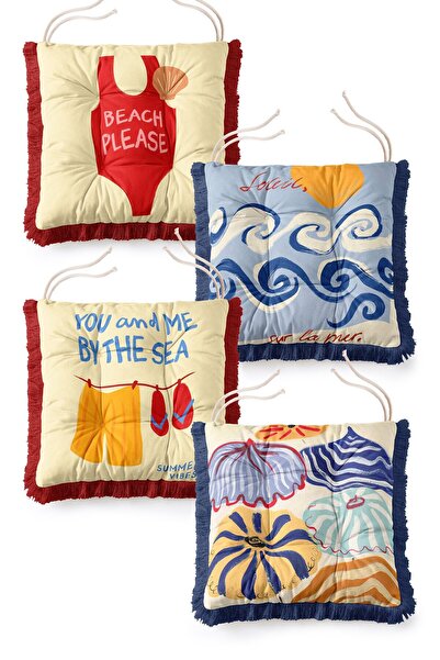 IdeCraft Summer Themed Beach & Swimwear Patterned Fringed Lace-Up 4-Piece Puf...