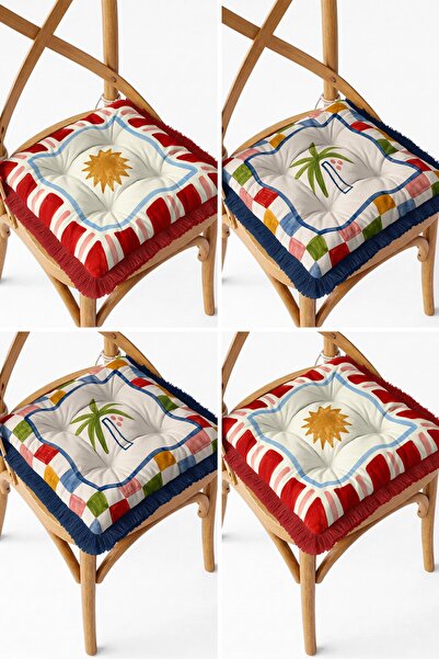 IdeCraft Colorful Checkered Sun and Palm Motif Fringed 4-Piece Pofidik Chair ...