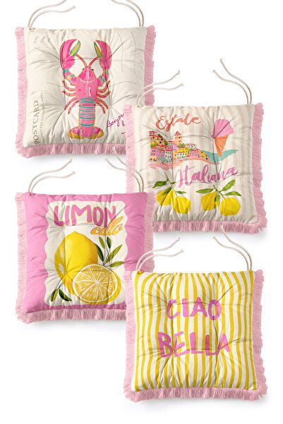 IdeCraft Italian Riviera Lemon and Lobster Patterned Pink Fringed 4-Piece Pof...