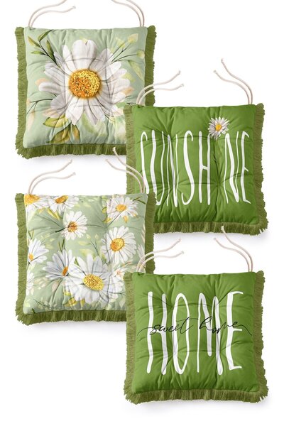 IdeCraft Daisy and Sunshine Written Fringed Green 4-Piece Fluffy Garden Balco...
