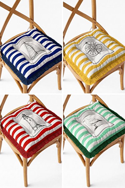 IdeCraft Sailor Sailing Compass Lantern Patterned Striped 4-Piece Fringed Pof...
