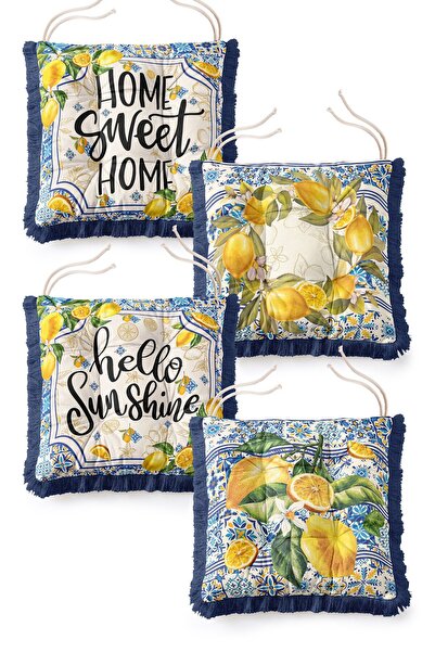 IdeCraft Lemon Motif Blue Tile Framed Fringed Lace Fluffy Chair Cushion Set of 4