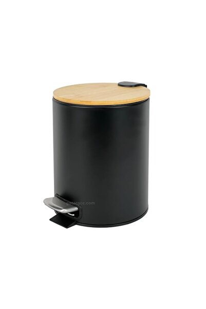 Generic Soft-Close Pedal Bin | Bamboo Top Matte Black Waste Bin with Metal Pe...